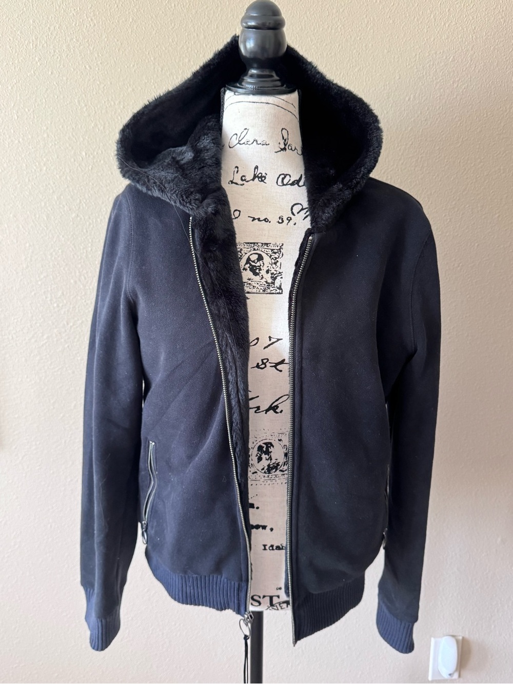 Women faux fur lined Black Hooded sweatshirt